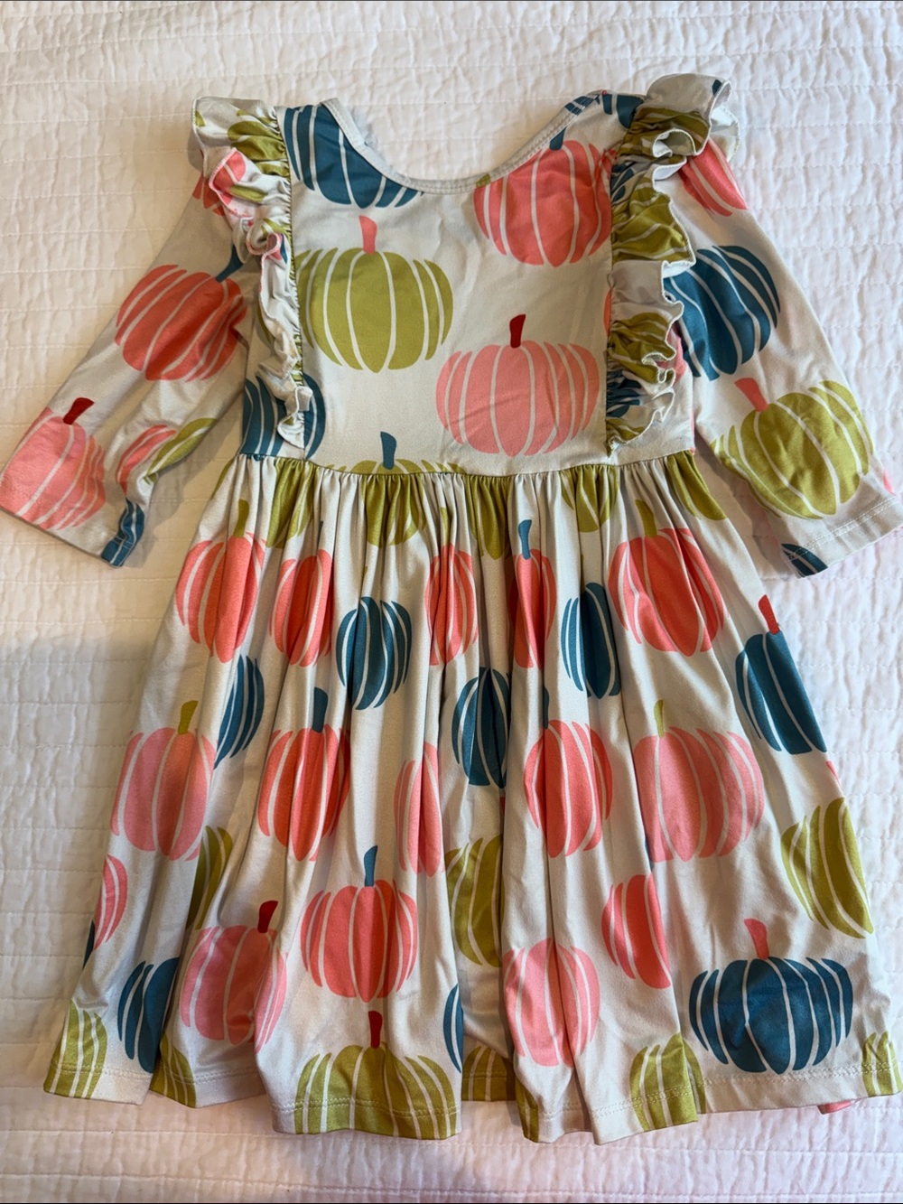 Girls Pumpkin Ruffle A-Line Dress in Pink, Green & Blue